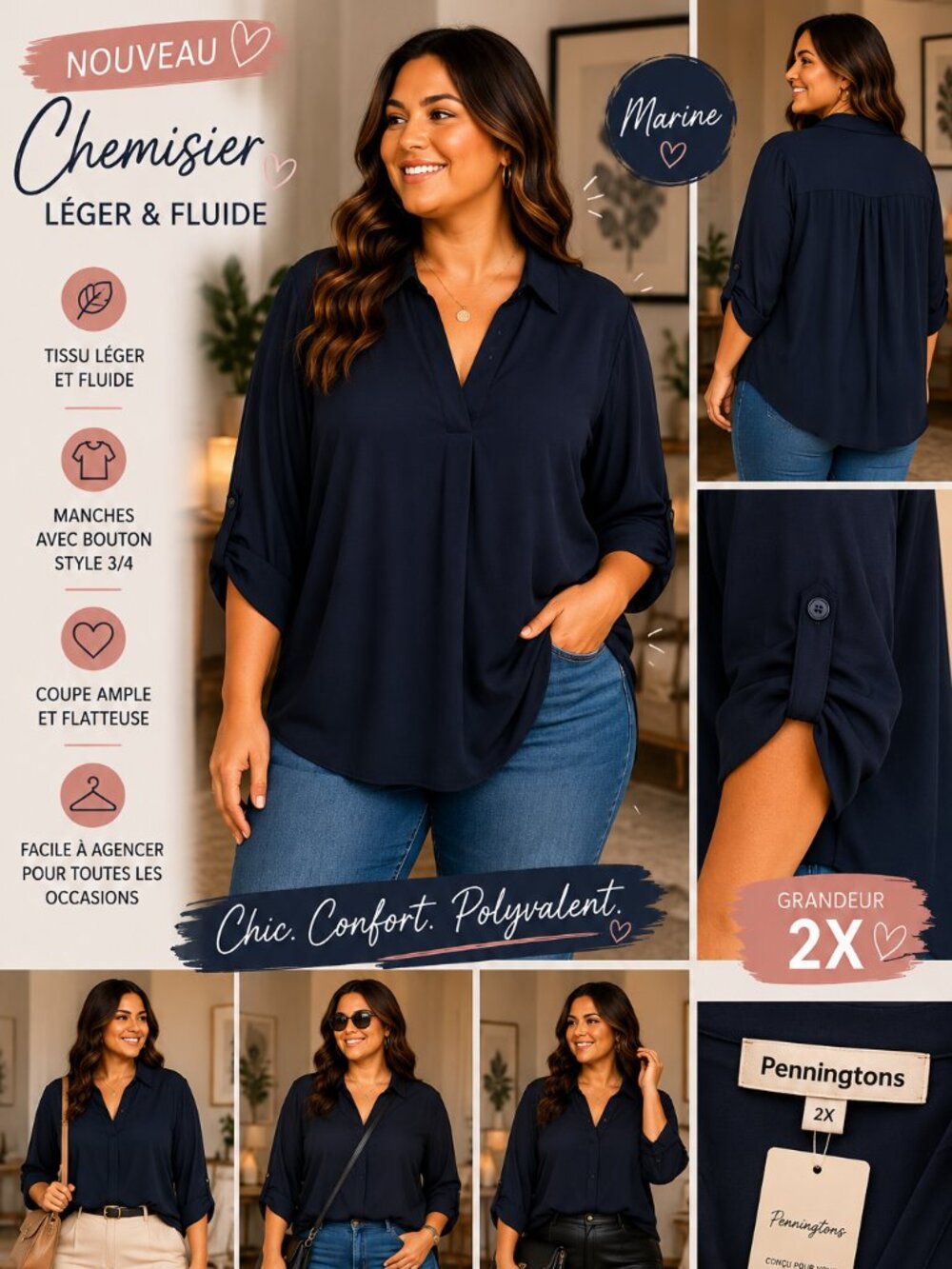 Penningtons Navy Blouse – Plus Size 2X – Flowy Roll Sleeve Tunic Top (NWT)